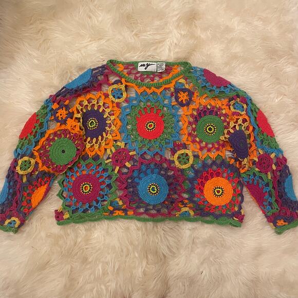 Vintage MY Beaded Crochet Top | Boho Festival Knit, Rainbow Mandala, Y2K (S-L) - Picture 2 of 7